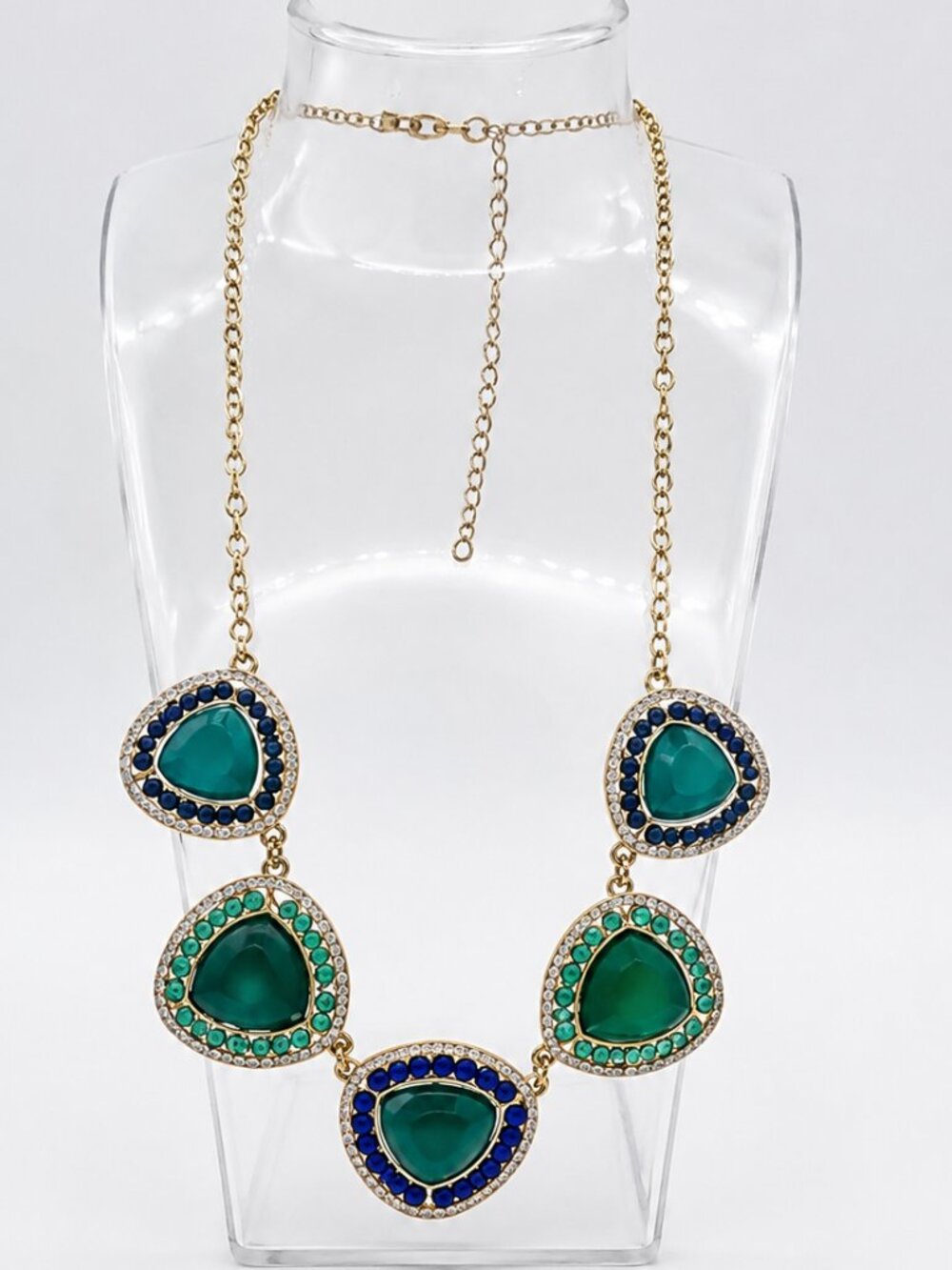 NWOT Statement Necklace Green Blue Gemstone Look Gold Tone Bib Necklace